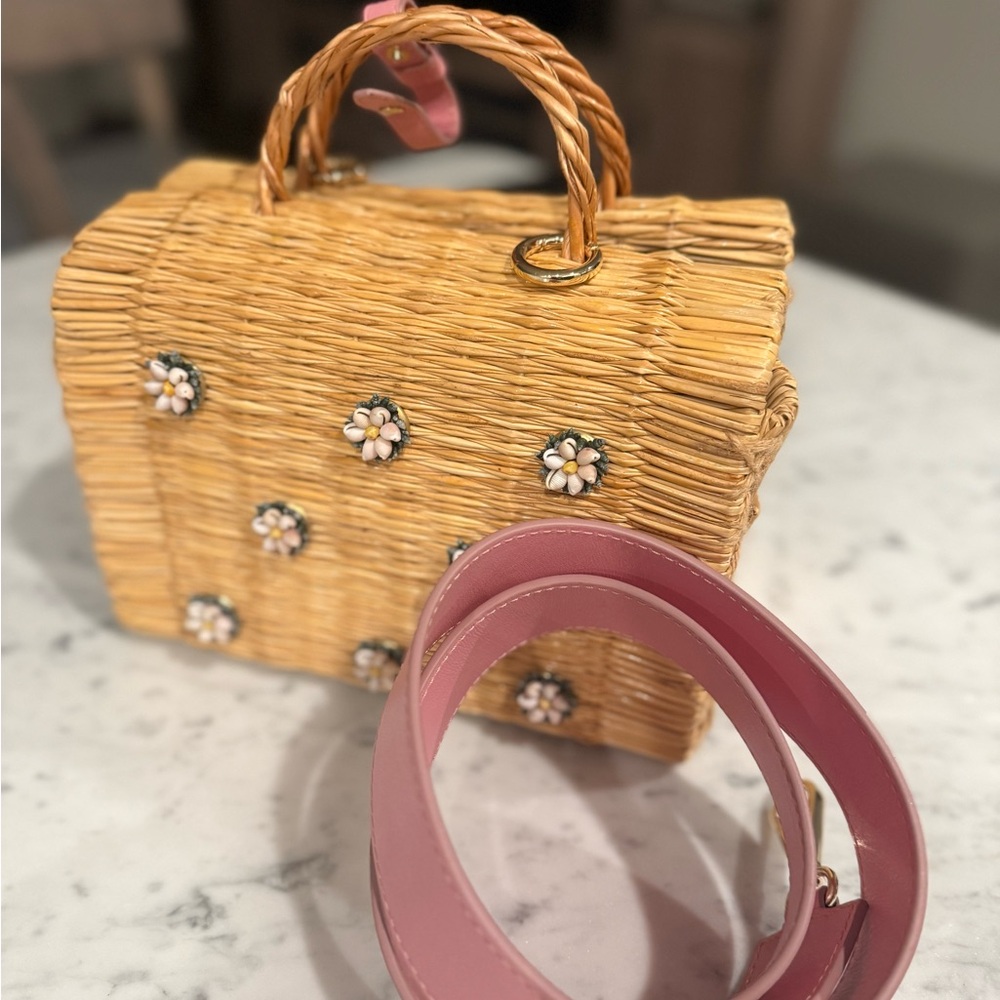 Heimat Atlantica Reed Woven Handbag with Pink Leather Strap